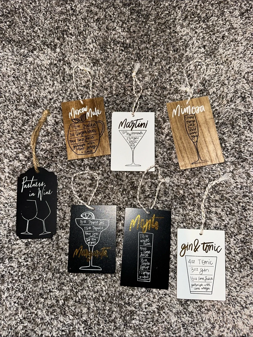 Cocktail Recipe Gift Tags or Little Ornament- Black, White & Wood-Tone Party Set
